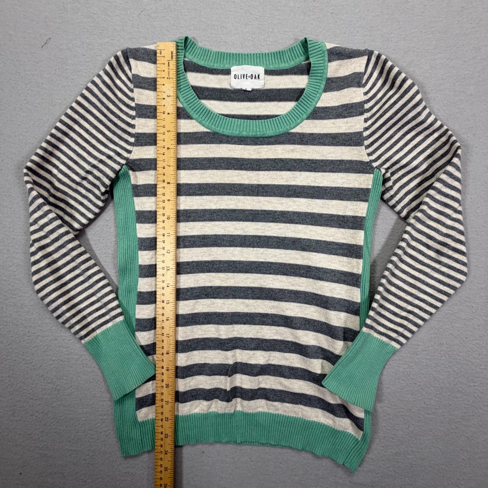 Olive Oak Sweater Womens Small Excellent Green Grey Striped Colorblock - Picture 2 of 7